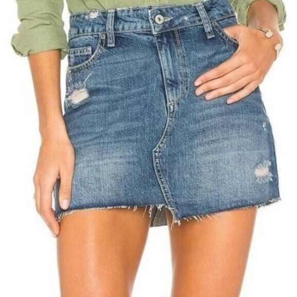 PAIGE Afia Dunlee Asymmetrical Frayed Hem Distressed Mini Jean Skirt Size 32 - Picture 1 of 9